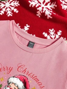 SHEIN LUNE Christmas Santa Claus Graphic Print Casual Loose Fit Round Neck Short Sleeve T-Shirt For Women, Suitable For Autumn, New Year Party - Dusty Pink - View 3