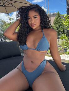 Alexandranx 女式夏季海滩纯色露背系带性感比基尼两件套泳衣 - 霧霾藍 - 查看 6