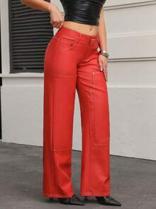 SHEIN Unity Women's Solid Color Low-Waist Straight Leg Pants, Suitable For Commuting - Red - View 4