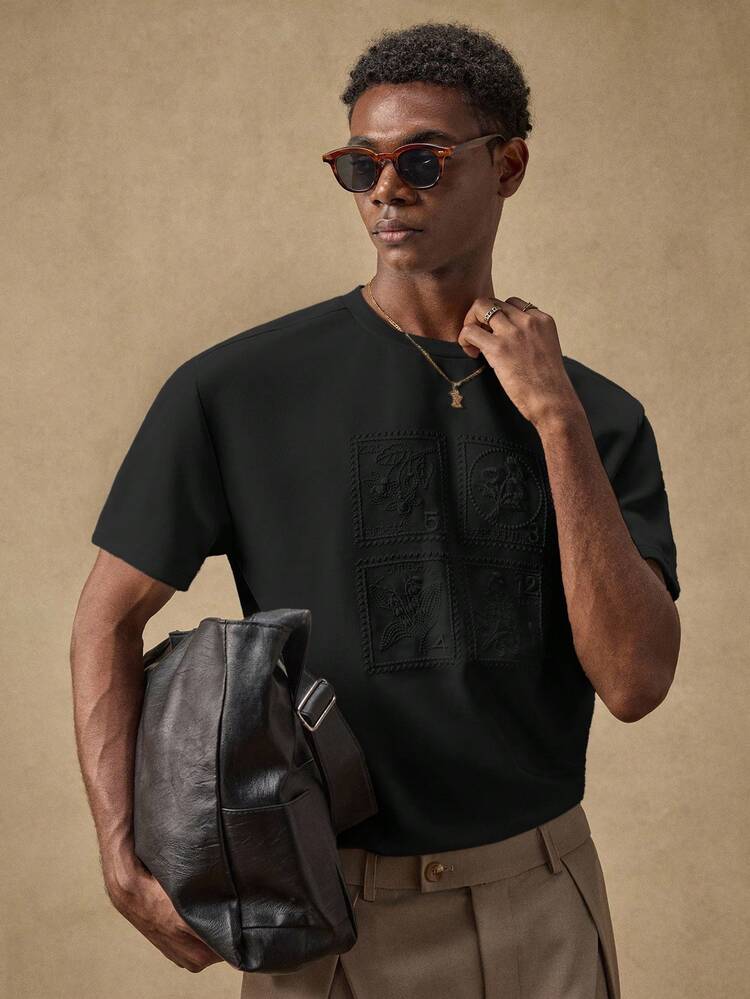 Men's Textured Short Sleeve Embroidered Loose Fit Crew Neck T-Shirt