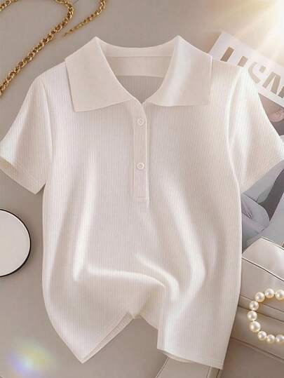 GlowEve CURVE Plus Size Women's Short Sleeve T-Shirt, Casual Color Blocking, Versatile For Summer, Daily Wear, Polo Collar, Suitable For Sports, Business, Commuting