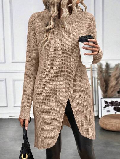 SHEIN LUNE Women's Elegant Long Textured Split Knit Top