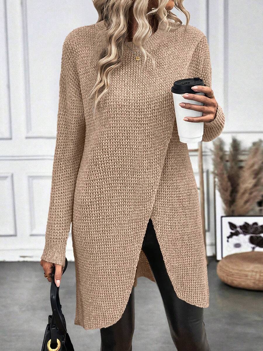 SHEIN LUNE Blusa larga elegante de punto texturizado con abertura lateral para mujer - Camel - Ver 1