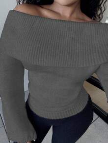Alexandranx Women's Casual Solid Color Foldover Off Shoulder Pullover Sweater, Autumn - Grey - View 2