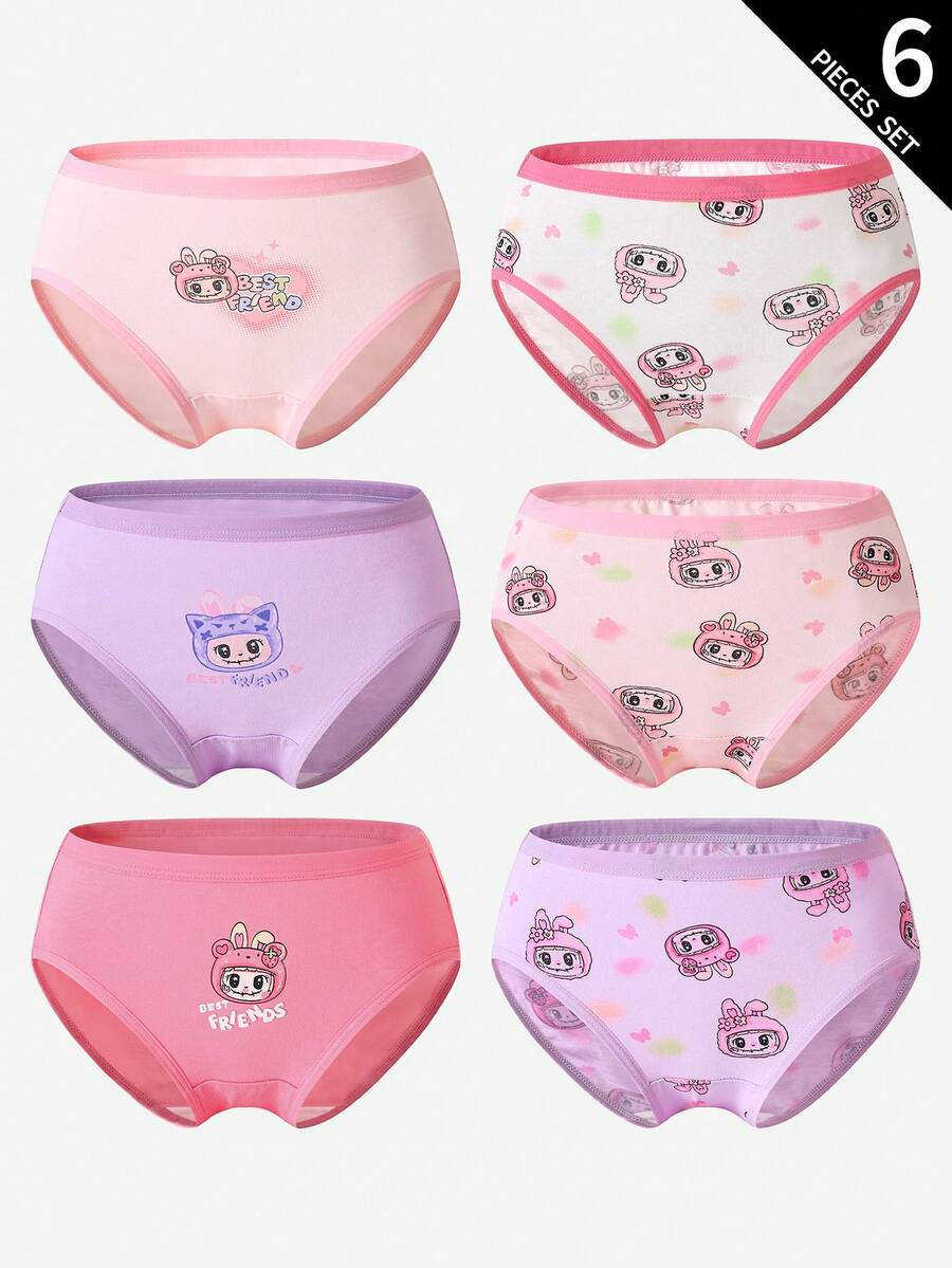 Sparklyn 6条装女童可爱粉色、紫色、紫红色兔子印花棉质内裤 - 彩色 - 查看 1