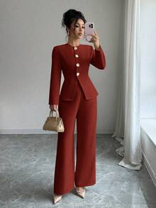 Rafferiza 女士优雅通勤两件套长袖 - 紅色 - 查看 6