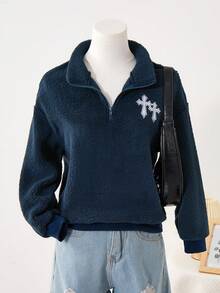 Sweetra Young Tween Girl Cross Embroidery Zipper Half-Zip Raglan Long Sleeve Casual Sweatshirt, Autumn/Winter - Navy Blue - View 5