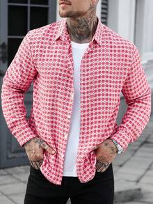 Manfinity Homme 男士格子休闲长袖衬衫 男士纽扣衬衫 男士长袖衬衫 红白衬衫 男士格子衬衫 男士衬衫，圣诞节 - 紅色 - 查看 1