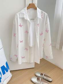 Resyla Women's Bow Print Casual Loose Long Sleeve Shirt - Multicolor - View 3