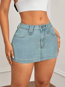 SHEIN ICON Chân váy bút chì denim giặt có túi thường ngày dành cho nữ - Rửa nhẹ - Xem 3