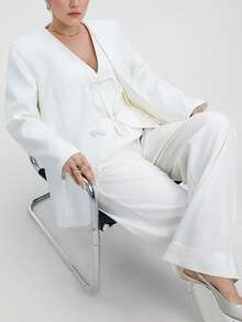 Aveloria Modichic 2pcs Women's Chinese Style Exquisite Button Vest & Long Sleeve Collarless Blazer Set - Beige - View 6