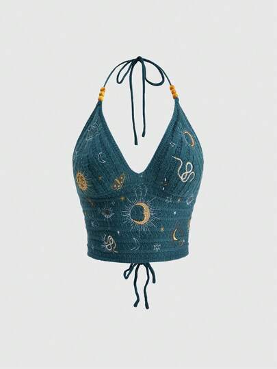 Goth Maglione a collo alto con ricamo di stelle e luna, stile hippie, lavorato a maglia con perline