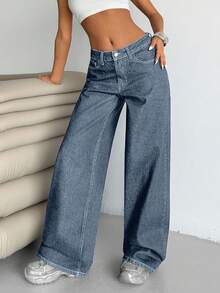 EURMUSE WOMEN LOW WAIST WIDELEG CASUAL STREET DARK BLUE WITH BACK LABEL WATER WASH - Dusty Blue - View 5