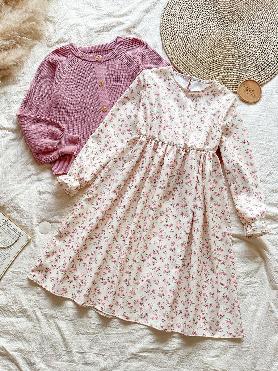 Vintaside Kids 2pcs Girls Cute Knitted Cardigan Ditsy Floralnt Dress Set, Autumn/Winter - Dusty Pink - View 1