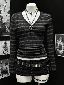 Sunspun 大码女式性感个性化秋冬长袖磨毛罗纹多功能打底外套休闲假日经典条纹V领上衣T恤 - 黑色 - 查看 1