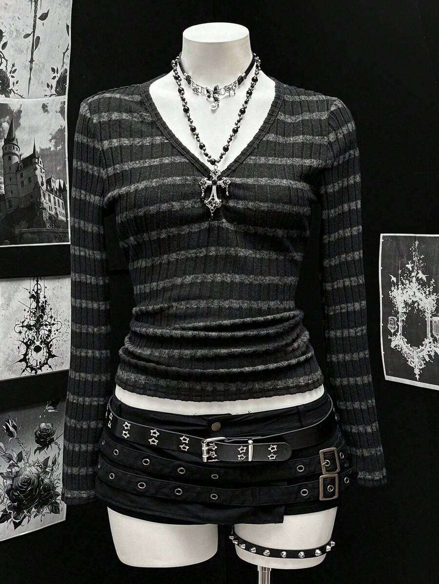 Sunspun 大码女式性感个性化秋冬长袖磨毛罗纹多功能打底外套休闲假日经典条纹V领上衣T恤 - 黑色 - 查看 1