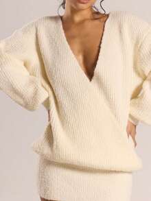 MUSERA 宽松裹身式修身袖口针织迷你连衣裙，秋冬针织衫，休闲外出性感日常夜生活可爱舒适春季款 - 米色 - 查看 6