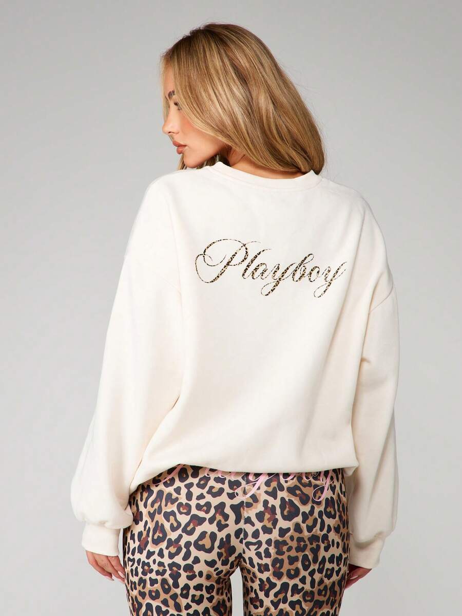 Missguided x Playboy Áo nỉ chui đầu cỡ lớn họa tiết da báo cổ tròn và tay dài cho trang phục thường ngày mùa đông - Màu be - Xem 1