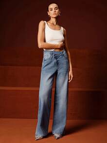 Anewsta 时尚拼接蓝色牛仔直筒裤，适合秋季、冬季、春季、新年、派对、优雅、时尚、圣诞节、节日、假日、外出、休闲等场合。 - 藍色 - 查看 3