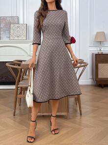 EMERY ROSE 女士优雅撞色及膝连衣裙，全身花卉印花，七分袖，束腰，适合春秋季节 - 彩色 - 查看 5