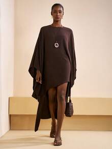 Zivah 2025 秋冬新品 音乐节、复活节、圣帕特里克节、西部风、游牧风、生日派对、毕业典礼、学院风、学生风、百搭、基础百搭、休闲、度假、邮轮旅行、海滩、时尚、网络流行趋势、街头潮流、婚礼宾客波西米亚风、通勤、早午餐、机场、派对、节日郊游、优雅宴会 棕色不对称下摆喇叭袖斗篷连衣裙 - 棕色 - 查看 6