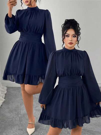 Elenzga Plus Size Dam Elegant Fest Marinblå Stand Collar Volangdekor Långärmad Figurnära Midiklänning
