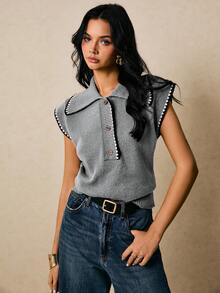 Poéselle Women's Solid Color Minimalist Casual Collared Sleeveless Sweater Vest - Grey - View 3