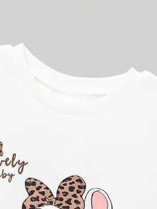 1 Set Young Girls Casual Fashionable Cute Cartoon Leopard Print Bow Rabbit & Bear Pattern Crew Neck Long Sleeve Sweatshirt And Leopard Print Leggings Outfit, Suitable For Outings In Autumn/Winter