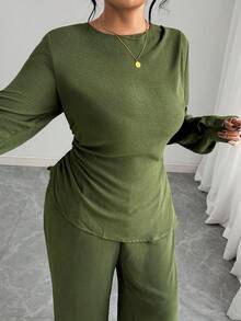 Elenzga Set di camicia verde militare a collo tondo in tessuto grinzoso con vita stretta e pantaloni larghi a vita elastica con tasche, stile vintage francese elegante, minimalista, casual per autunno/inverno, nuovo arrivo per il Ringraziamento, taglie forti - Verde militare - Visualizzare 5