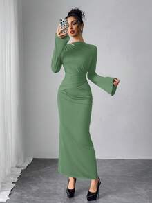 Modelyn 女士纯色褶皱镂空修身优雅长袖连衣裙 - 綠色 - 查看 4