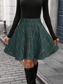 SHEIN Clasi Women's Green Plaid Fabric Waist Cinched A-Line Flared Skirt, Stylish Design, Versatile, High-Quality, Elegant, Countryside Casual Vacation Style, Bohemian, Suitable For Teachers And Office Wear - Green - View 4