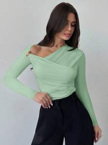 Firerie 女士新款优雅不对称肩部长袖裹身金属装饰褶皱修身T恤，适合秋季、返校季、秋季女装、机场、外出穿着 - 薄荷綠 - 查看 7