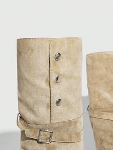 Daringsoles 2025年秋冬新款女士二合一尖头过膝长靴，粗跟修身马术靴，配腰带扣 - 卡其色 - 查看 11