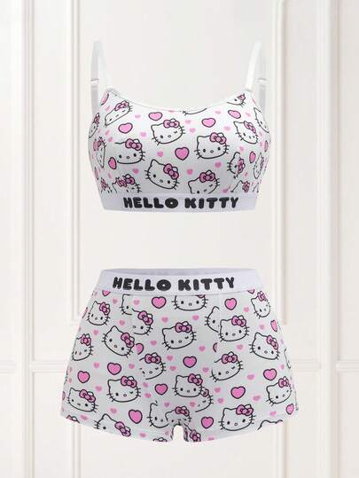 HELLO KITTY AND FRIENDS | SHEIN Ensemble de soutien-gorge et culotte imprimé chat mignon et lettres pour femmes