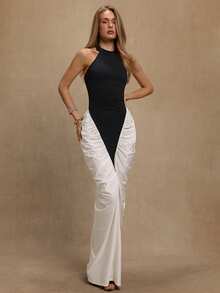 SHEIN BAE Women's Black & White Patchwork Halter Neck Sleeveless V-WaisRucheded Fishtail Hem Elegant Dress, Suitable For Romantic Dates, Banquets, Elegant Outings, Parties, Wedding Guest Dresses,  Holiday Dresses,Birthday Dress