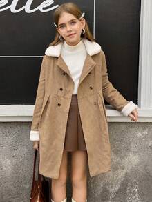 SHEIN 女童仿毛领双排扣腰带毛绒风衣，秋冬 - 彩色 - 查看 4