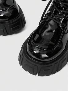 ROMWE Women's Dark Punk Goth Lace-Up Platform Thick Sole Motorcycle Boots, Elevator Riding Ankle Boots - Black - View 5