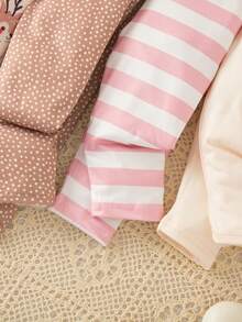 SHEIN Playful Pals 女婴休闲简约罗纹打底裤，百搭高弹，春秋装 - 卡其色 - 查看 3