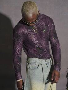 PAVTROS 男士数码网眼豹纹亮片装饰高领长袖T恤，休闲街头风 - 彩色 - 查看 4