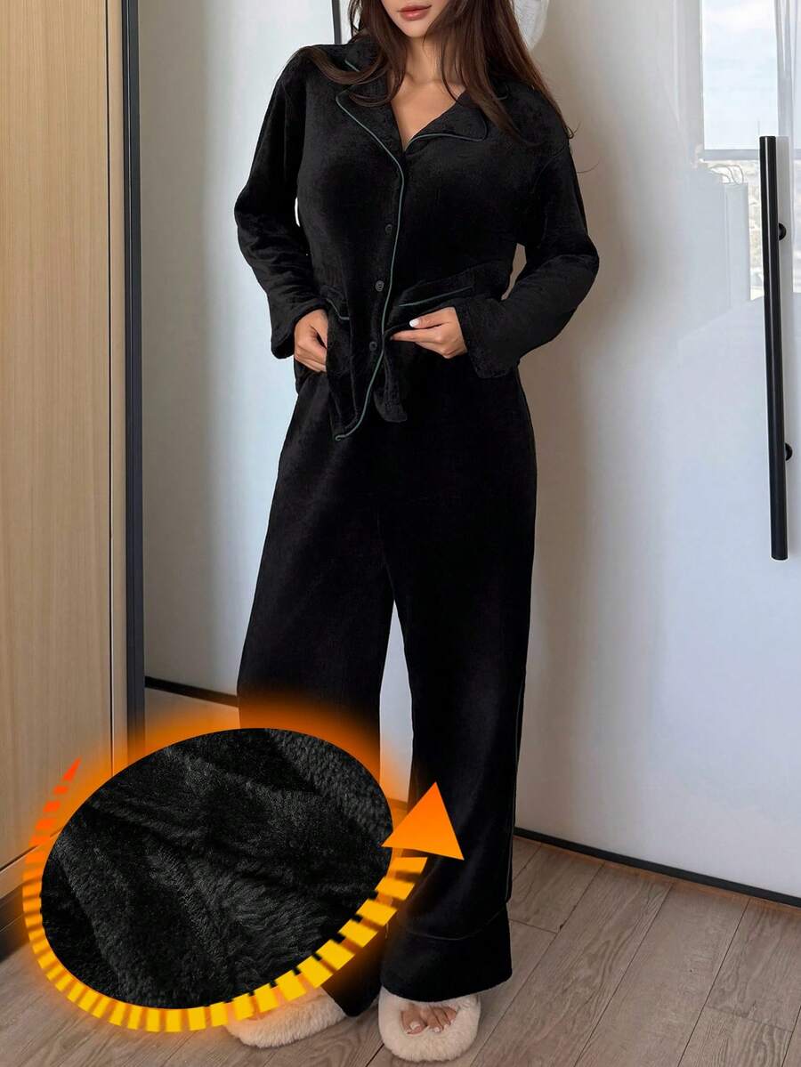 DAZY Women's Plush Contrast Trim Design Fluffy Cozy Pajama Set, Winter - Black - View 1