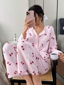 Napfluff 女士休闲可爱撞色领条纹爱心印花长袖上衣和裤子睡衣套装，可爱女士睡衣，秋冬服装 - 彩色 - 查看 3