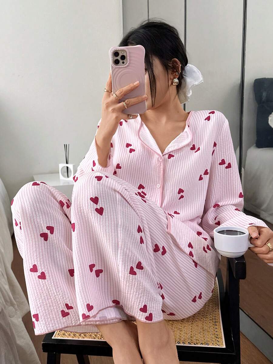 Napfluff 女士休闲可爱撞色领条纹爱心印花长袖上衣和裤子睡衣套装，可爱女士睡衣，秋冬服装 - 彩色 - 查看 1