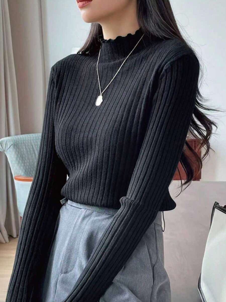 DAZY 女士纯色立领长袖休闲商务套头衫，秋冬 - 黑色 - 查看 1