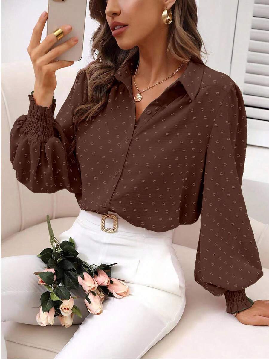 EMERY ROSE Women's Fashionable Casual Printed Cuff Sleeve Long Sleeve Shirt - Coffee Brown - View 1