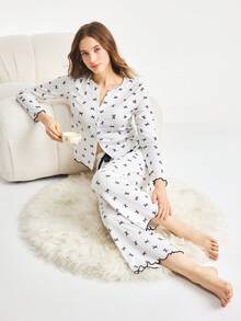 Bonmuse 2件套女士蝴蝶结印花睡衣套装，可爱长袖纽扣衬衫配长裤，秋季服装 - 白色 - 查看 1