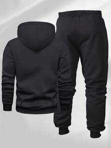 Manfinity Homme 男士字母印花长袖抽绳连帽运动衫和运动裤休闲两件套，秋冬 - 黑色 - 查看 2