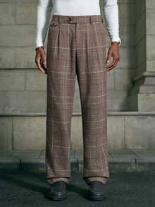 AKNOTIC 男士褶皱设计格子直筒宽松休闲裤高腰裤格子裤褶皱裤法兰绒褶皱长裤男士修身版型教堂裤，冬天穿