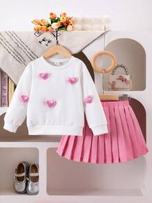 Elladie kids 2pcs/Set Girls Sweatshirt & Pleated Skirt Set, Long Sleeve Crew Neck Sweatshirt With 3D Heart Decor, Skirt, Spring/Autumn - White - View 6