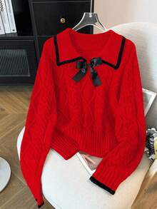 GlowEve CURVE Große Größen eleganter luxuriöser grauer Strickpullover mit Peter-Pan-Kragen, Schleife und langem Arm, dick - Rot - Übersicht 4