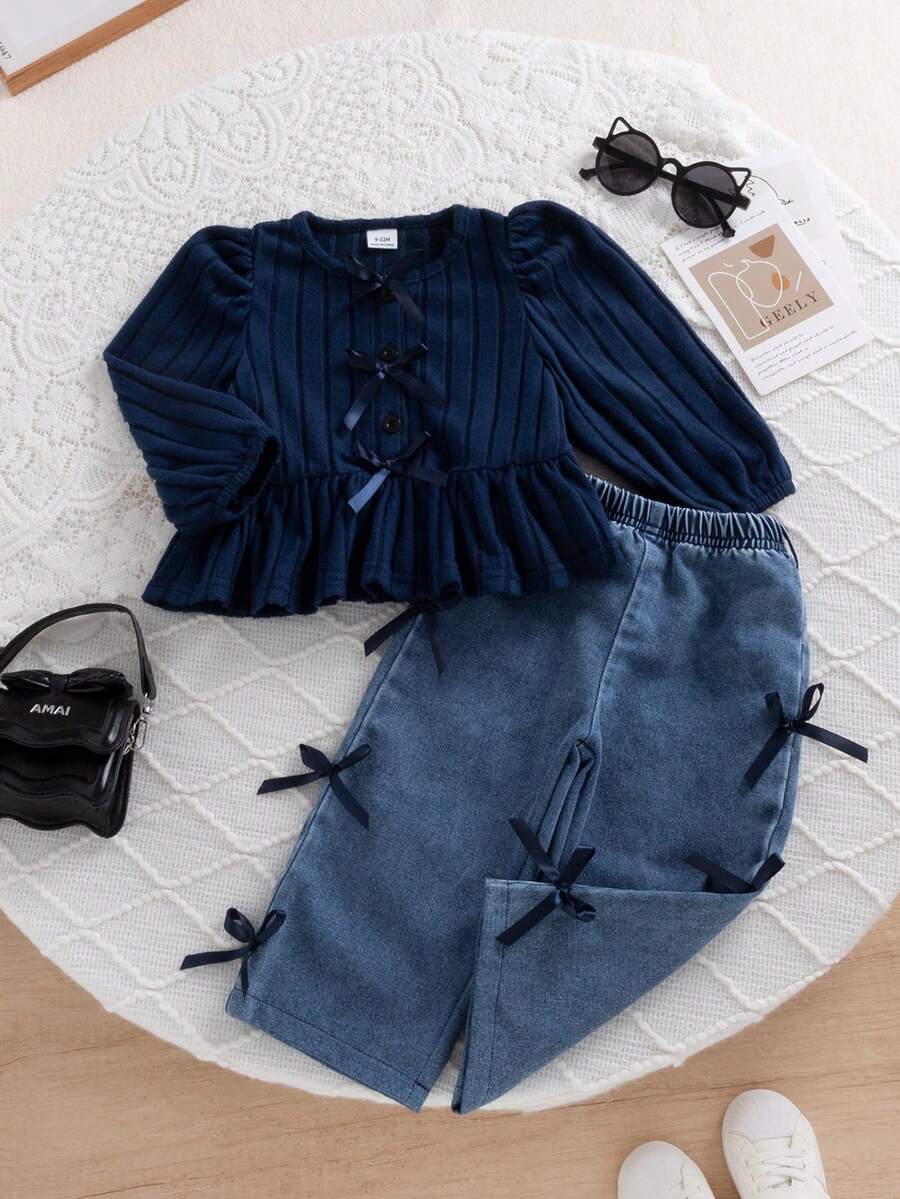 SHEIN Bộ 2 quần denim họa tiết sọc xanh navy thanh lịch ngọt ngào cho bé gái, thích hợp mặc dạo phố và đi học, mùa xuân/thu - Màu xanh hải quân - Xem 1